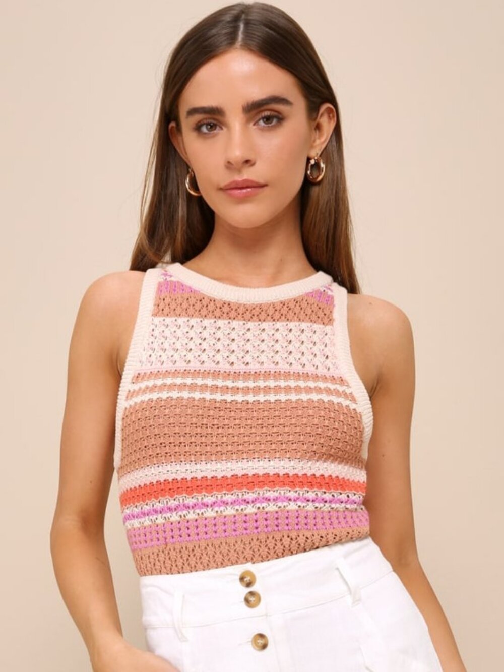 Lulus Exceptional Expression Beige Multi Striped Sweater Knit Tank Top - Size XS